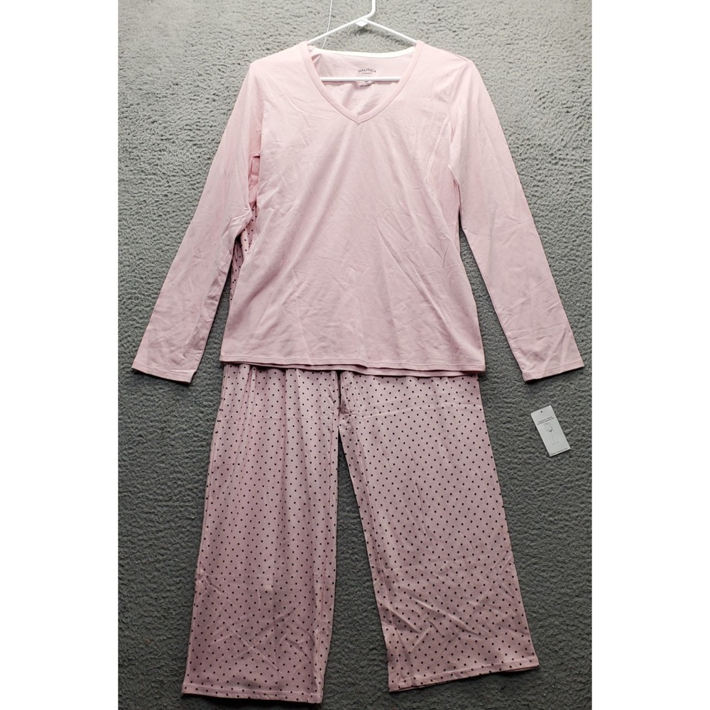 Nautica Sleepwear 2Pc Pajama Set Womens Medium Multi Long Sleeve V-Neck Pullover